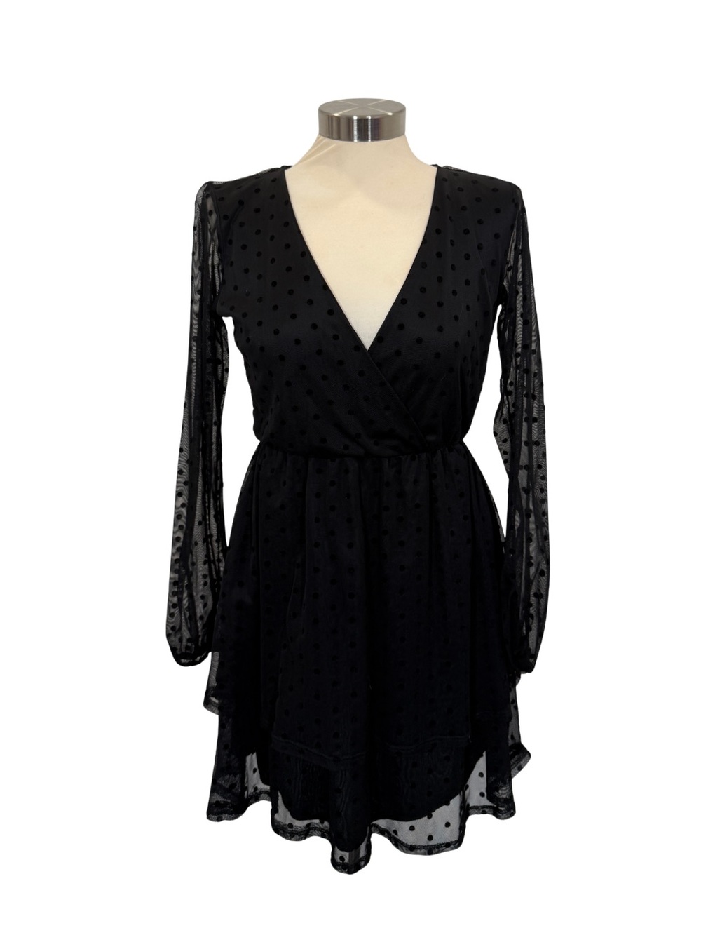 Blue Blush Black Sheer Polka Dot Long-Sleeve Wrap Dress